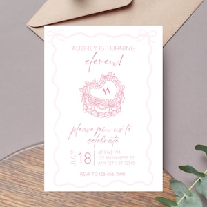 May include: Pink and white birthday invitation with a pink cake illustration and the text "Aubrey is turning eleven!"  Please join us to celebrate. July 18 at five PM. 123 Anywhere St. Any City, ST 12345. RSVP to 123-456-7890.