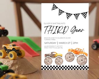 Third Gear Monster Truck 3rd Birthday Invitation Template | Editable Jam Racing | Boy Theme | Digital Instant Canva Printable Download V0