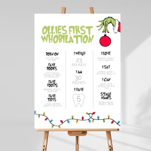 May include: A white sign on an easel with the text "Ollies First Whobilation." The sign includes details about the child's birth, weight (23 pounds), height (30 inches), favorite things, and stage names. A Grinch-themed design is at the top.