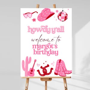 Disco Cowgirl Rodeo Birthday Welcome Sign Template Editable Girl Theme Digital Printable Download Pink Let&#39;s Go Girls Western Party DC1