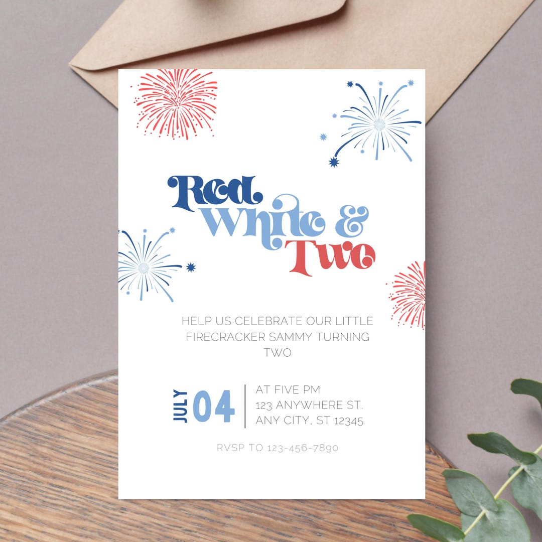 Red White and Two July 4th Invitation Template, Editable 2nd Birthday ...