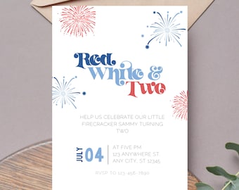 May include: Red, White & Two birthday invitation with a July 4th theme. The invitation features a blue and red fireworks design and the text "Help us celebrate our little firecracker Sammy turning two."  The invitation also includes the date "July 04" and the time "At Five PM" along with an address and RSVP information.
