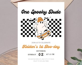 One Spooky Dude 1st Birthday Invitation Template Editable First Party Theme Digital Canva Printable Download Retro Ghost Halloween H1