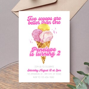 Uitnodigingssjabloon 2 bolletjes zijn beter dan 1 ijsje | Bewerkbaar thema 2e/tweeling verjaardag | Digitale afdrukbare download, Summer Twins Two