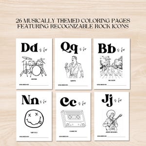 May include: Black and white coloring pages featuring letters of the alphabet and illustrations of rock and roll icons.  The letters are stylized and the illustrations include a drum set, Queen, The Beatles, Nirvana, a cassette tape, and Jimmy Hendrix.