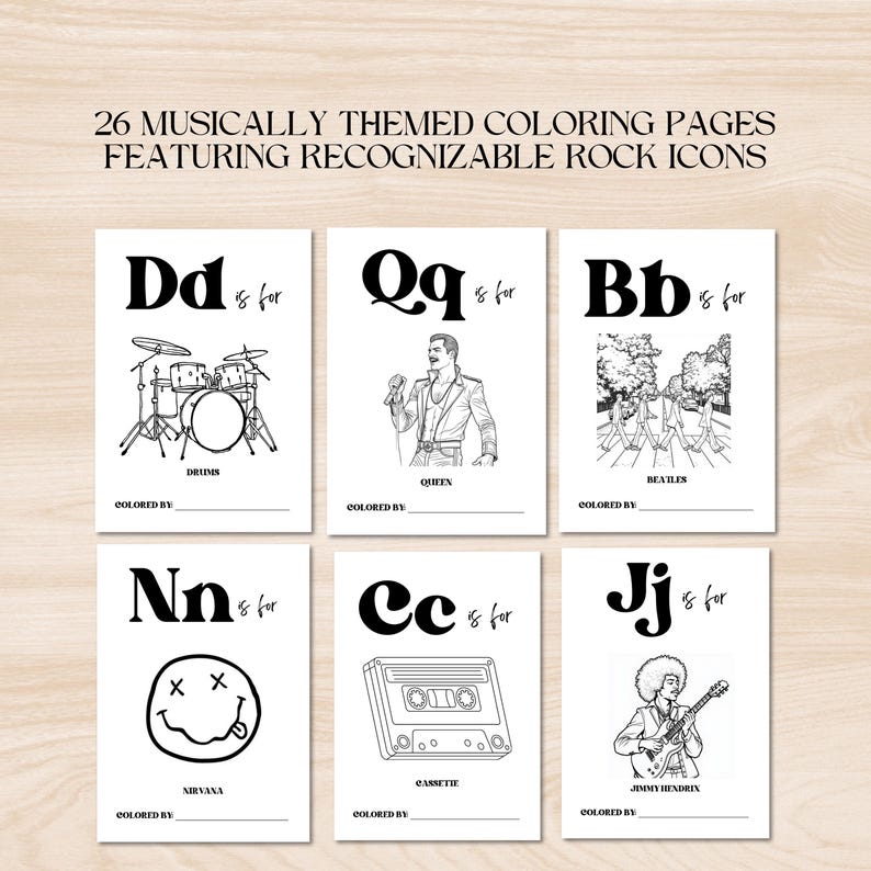 May include: Black and white coloring pages featuring letters of the alphabet and illustrations of rock and roll icons.  The letters are stylized and the illustrations include a drum set, Queen, The Beatles, Nirvana, a cassette tape, and Jimmy Hendrix.