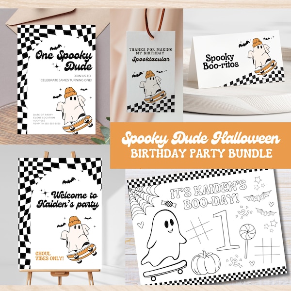 One Spooky Dude Halloween Birthday Bundle Invitation Welcome Signs Favor Tag Food Signs Canva Editable Template Retro Ghost Halloween H1