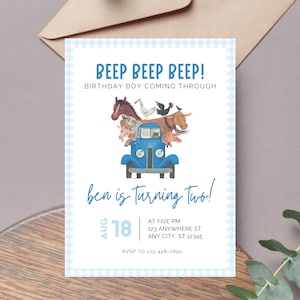 Modello di invito per camion blu / Tema modificabile per il secondo compleanno / Download digitale stampabile istantaneo da Canva / Beep Beep in arrivo