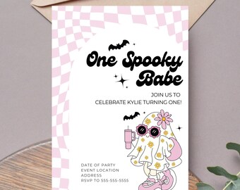 One Spooky Babe 1st Geburtstagseinladung Vorlage Bearbeitbar First Party Theme Digital Instant Canva Printable Download Retro Ghost Halloween