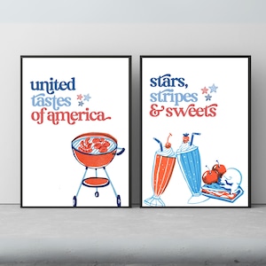 Peut inclure: Deux impressions encadrées sur le thème patriotique. La première impression présente un grill rouge avec des hot-dogs et le texte "united tastes of america". La deuxième impression présente deux milkshakes avec des cerises et le texte "stars, stripes & sweets".