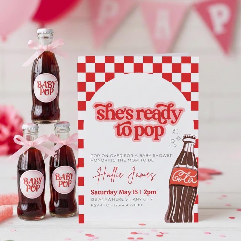She's Ready To Pop Baby Shower Party Bundle Invitation Welcome Sign Favor Tag Food Sign Canva Editable Template Dirty Soda Diet Coke SO1 image 12