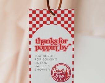 Sie ist bereit für die Pop-Dusche Danke, Favor Tag Vorlage, bearbeitbares geschlechtsneutrales Baby-Thema, digitales Canva druckbares Soda Cola 50er Jahre Diner SO1