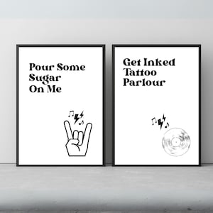 Paquete de plantillas de letreros para fiesta de rock and roll / Tema de cumpleaños editable / Comida, bebidas, música lírica / Invitación instantánea digital imprimible en Canva