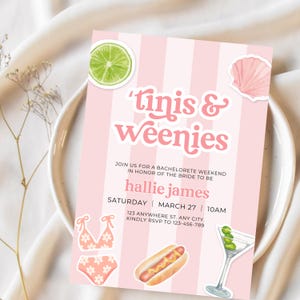 Tinis & Weenies Bachelorette Invitation Template Editable Bach Party Theme Digital Canva Instant Printable  Bikinis Martinis Summer Beach