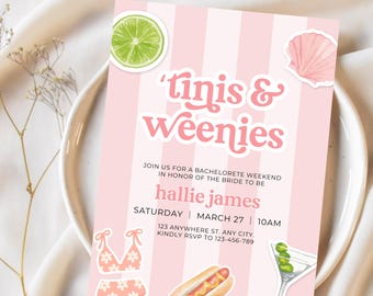 Tinis & Weenies Bachelorette Invitation Template Editable Bach Party Theme Digital Canva Instant Printable  Bikinis Martinis Summer Beach