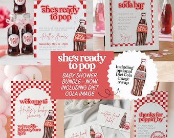 She's Ready To Pop Baby Shower Party Bundle Invitation Welcome Sign Favor Tag Food Sign Canva Editable Template Dirty Soda Diet Coke SO1