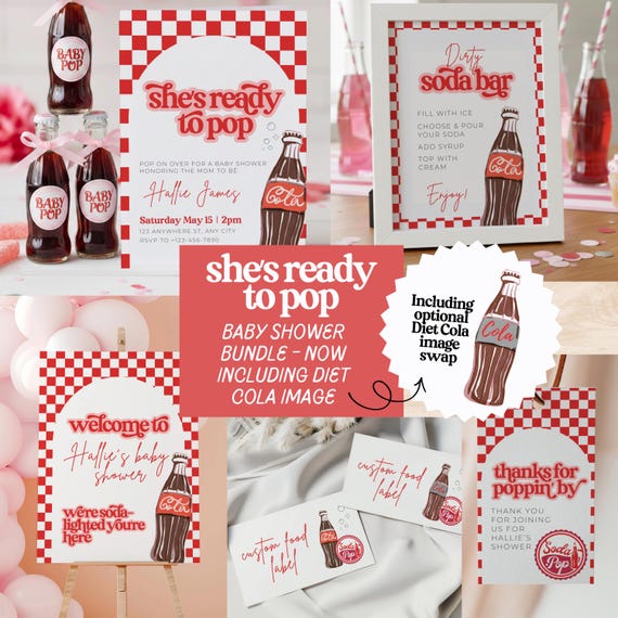 She's Ready To Pop Baby Shower Party Bundle Invitation Welcome Sign Favor Tag Food Sign Canva Editable Template Dirty Soda Diet Coke SO1