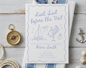 Last Sail Before the Veil Bachelorette Bridal Shower Invitation Template Editable Party Theme Digital Printable Coastal Nautical Hand Drawn
