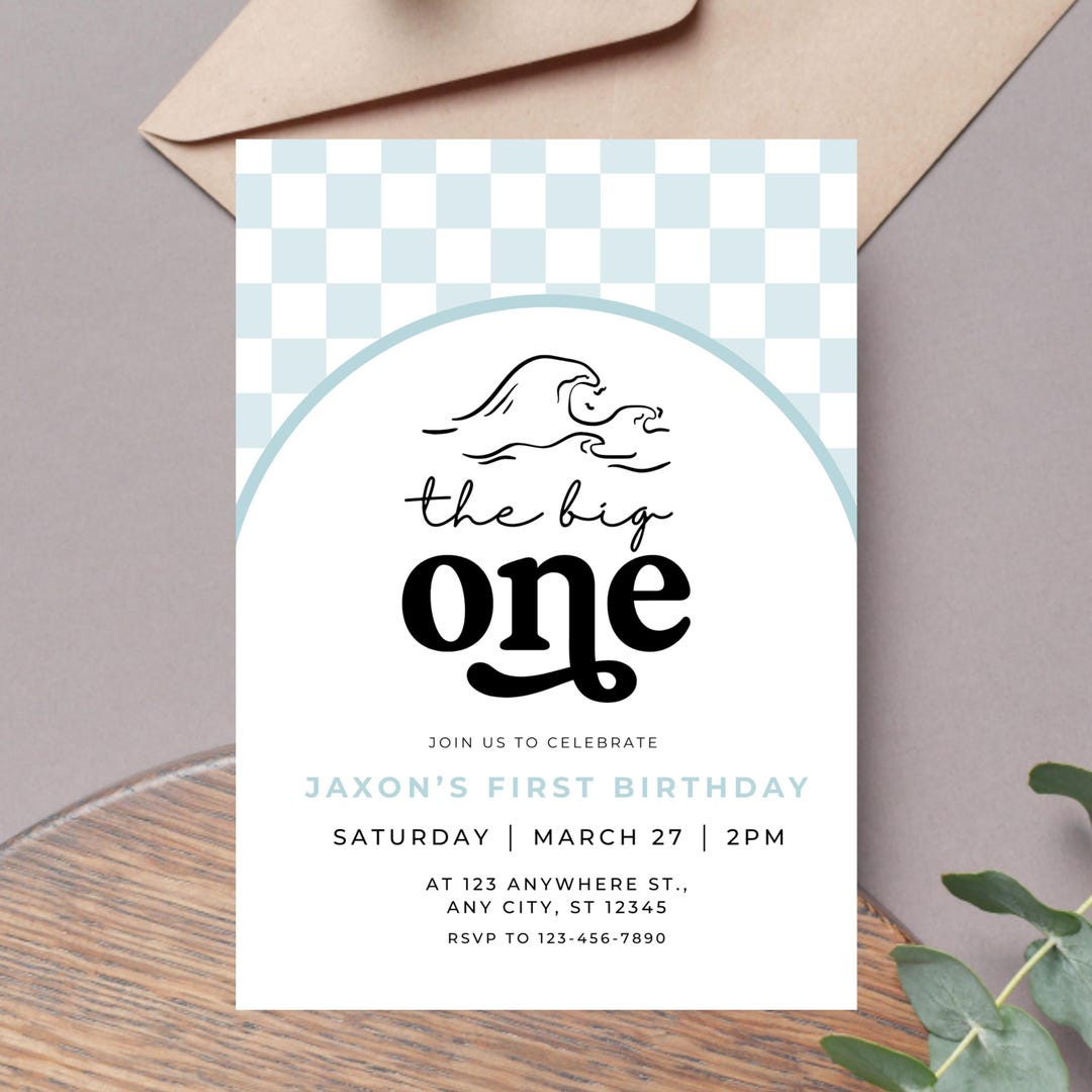 The Big One Surf Wave 1st Birthday Invitation Template, Editable Boy ...