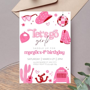 Disco Cowgirl 4th Rodeo Birthday Invitation Template Editable Girl Theme Digital Canva Printable Download Invite Pink Let&#39;s Go Girls DC1