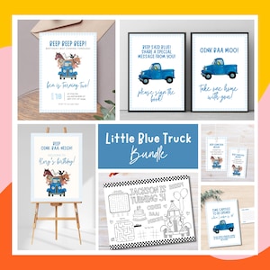 Pacchetto festa camion blu / Pagina da colorare con attività di cartelli di benvenuto per inviti a feste / Tema di compleanno modificabile / Stampabile su Canva digitale
