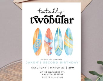 Totally Twobular Surf Wave 2nd Birthday Invitation Template, Editable Boy Theme Digital Printable Download Retro Surfing Beach Modern Invite