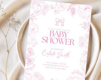 Wildflower Floral Invitation Template | Editable  | Baby Shower Theme | Pink Girl | Digital Instant Canva Printable Download Baby in Bloom