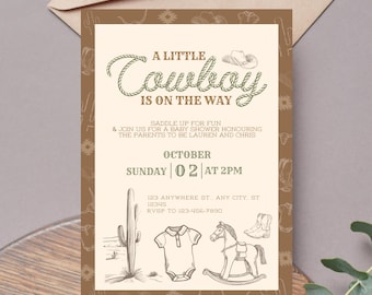 Little Cowboy On The Way Invitation Template | Editable Boy Baby Shower Theme | Digital Instant Canva Printable Sheet | Western West Horse