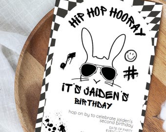 Hip Hop Hooray Bunny Invitation Template | Editable Easter Birthday Theme | Digital Instant Canva Printable Download | Hop On Over, Graffiti