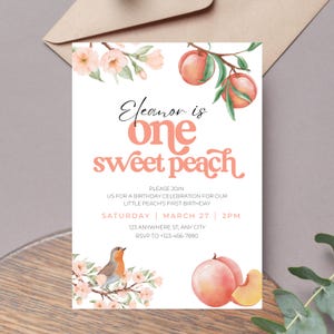 One Sweet Peach 1st Birthday Invitation Template, Editable First Girl Party Theme, Digital Printable Download Summer Watercolor Invite