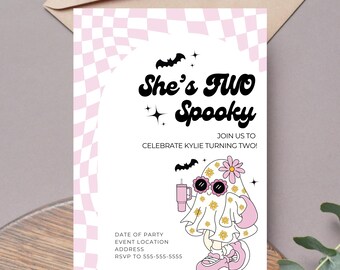 She's Two Spooky 2nd Birthday Invitation Template Editable Second Party Theme Digital Canva Download Retro Ghost Halloween Boo I'm Two
