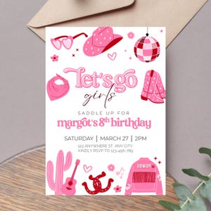 Disco Cowgirl 8th Rodeo Birthday Invitation Template Editable Girl Theme Digital Canva Printable Download Invite Pink Let&#39;s Go Girls DC1