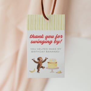 Modello di etichetta di ringraziamento "Curioso come George" modificabile, tema di compleanno, stampabile, scaricabile da Canva, libro "Scimmia vede, scimmia fa" 2°, 3°, 4°