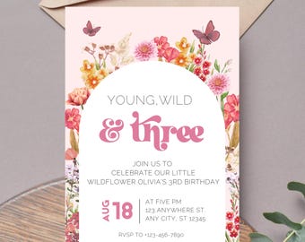 Editable Young Wild & Three / Wildflower 3rd Birthday Theme Invitation