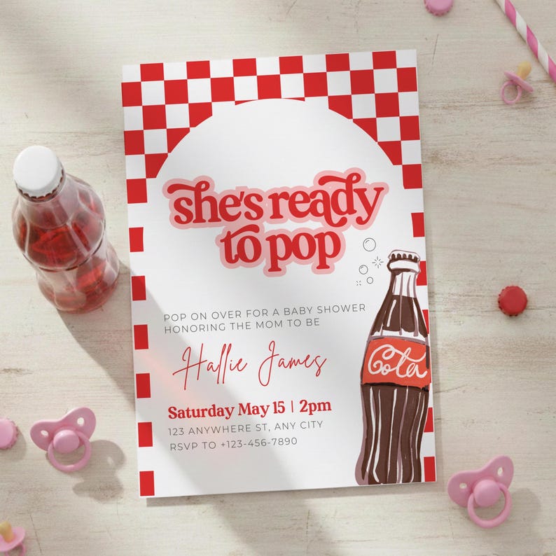She's Ready To Pop Baby Shower Party Bundle Invitation Welcome Sign Favor Tag Food Sign Canva Editable Template Dirty Soda Diet Coke SO1 image 8
