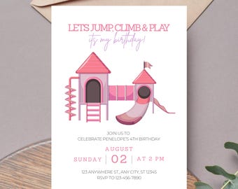 Park Playground Birthday Invite, Editable Outdoor Party Theme, Digital Canva Printable Download, Pink Purple Boy Climb Jump Slide Play