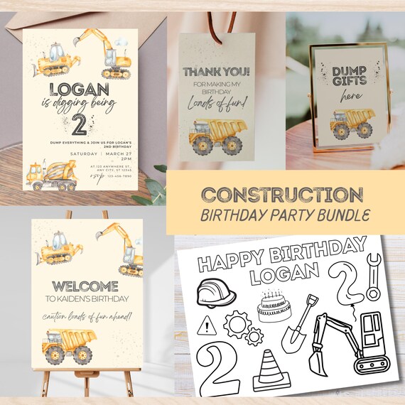 Construction Birthday Bundle Invitation Thank You Tags Party Signs
