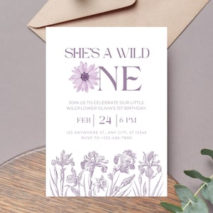 Editable She&#39;s A Wild One / Our Little Wildflower 1st Birthday Theme Invitation