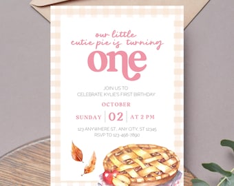 One Cutie Pie 1st Birthday Invitation Template, Editable First Theme Digital Printable Download Fall Apple Little Pumpkin Autumn Girl Party