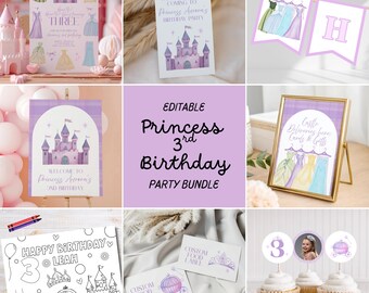 Editable Princess 3rd Birthday Party Bundle, Canva Template (Digital Download)