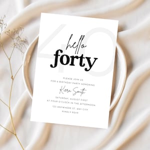 Modelo de convite moderno para o aniversário de 40 anos | Tema de aniversário editável, download instantâneo digital para impressão no Canva, preto simples e elegante