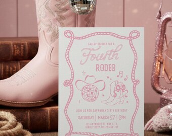 Disco Cowgirl 4th Rodeo Birthday Invitation Template Editable Girl Theme Digital Canva Printable Download Invite Pink Let's Go Girls DC1