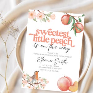 Sweet Little Peach On The Way Baby Shower Invitation Template Editable Girl Party Theme, Digital Printable Download Summer Watercolor Invite