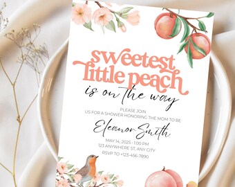 Sweet Little Peach On The Way Baby Shower Invitation Template Editable Girl Party Theme, Digital Printable Download Summer Watercolor Invite