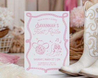 First Rodeo Invitation Template Editable Girl 1st Theme Canva Digital Printable Download Pink Disco Cowgirl Western Birthday Invite DC1