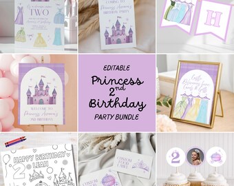Princess Dreams Come TWO 2nd Birthday Bundle Invitation Thank You Tags Party Signs Coloring Template Editable Digital Canva Printable  Tiara