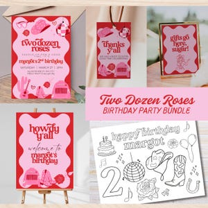 Two Dozen Roses Cowgirl 2nd Birthday Party Bundle Template Editable Invitation Welcome Sign Coloring Page Theme Digital Canva Download TD2