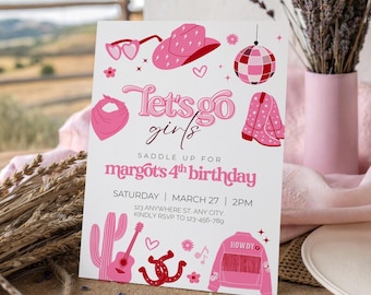 Convite de Aniversário Disco Cowgirl 4 Anos Rodeio - Modelo Editável para Meninas - Download Digital para Impressão - Convite Rosa - Vamos Lá, Meninas! DC1