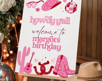 Disco Cowgirl Rodeo Birthday Welcome Sign Template Editable Girl Theme Digital Printable Download Pink Let's Go Girls Western Party DC1