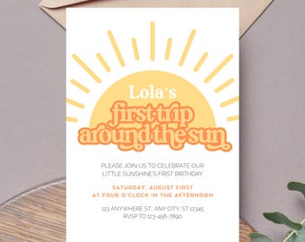 First Trip Around The Sun 1st Birthday Invitation Template, Editable First Theme, Digital Printable Canva Download Boho Sunshine Summer Rays